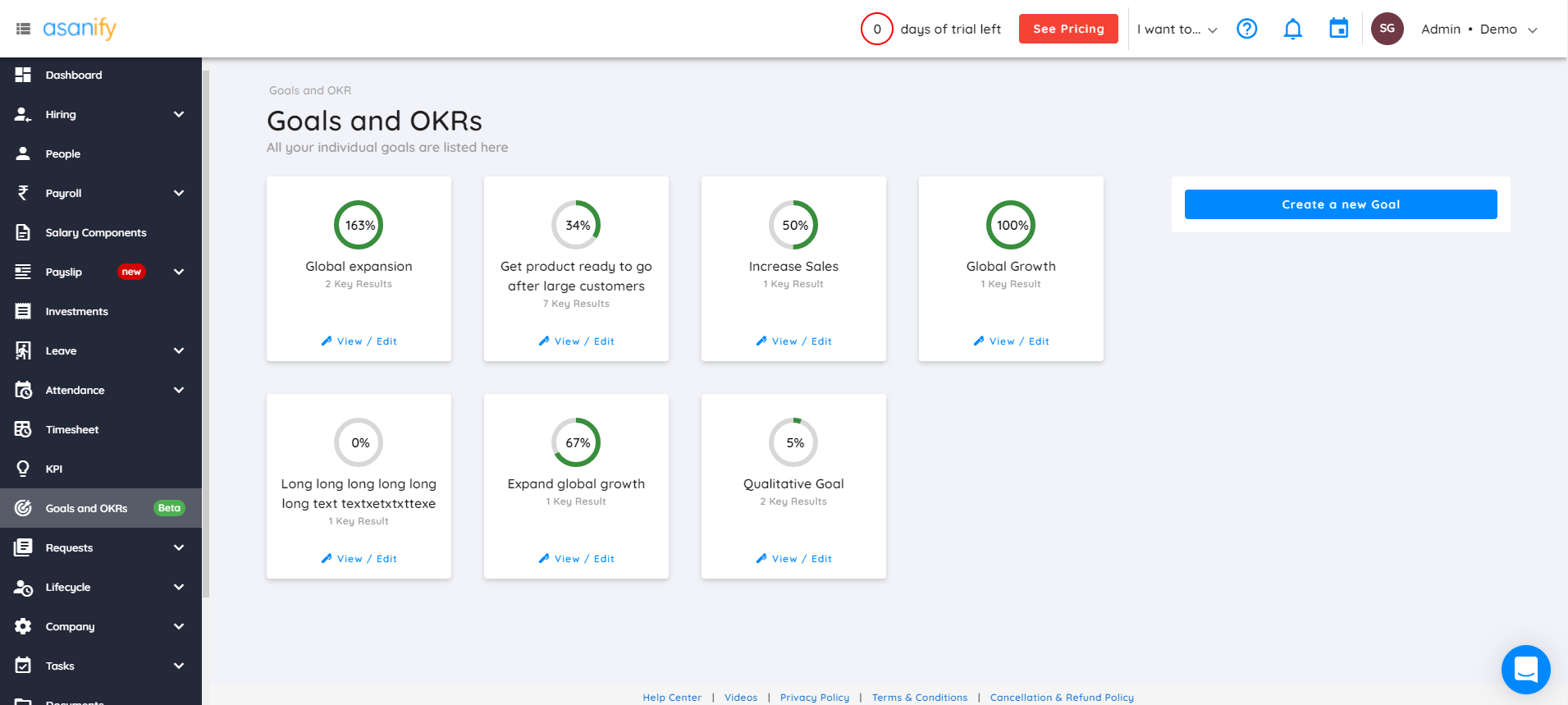 Goals and OKRs home screen