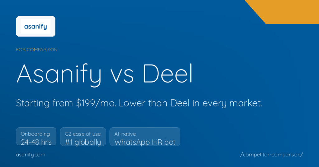 Asanify vs Deel comparison: starting from $199/mo, lower than Deel in every market