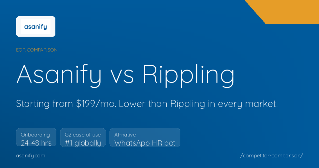 Asanify vs Rippling comparison: starting from $199/mo, lower than Rippling in our core corridors