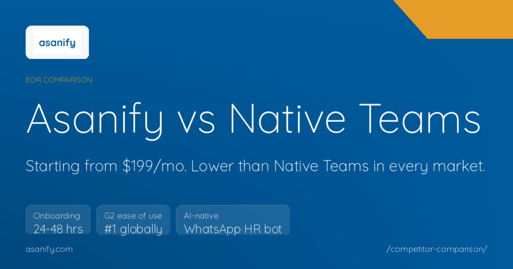 Asanify vs Native Teams comparison: starting from $199/mo, lower than Native Teams in our core corridors