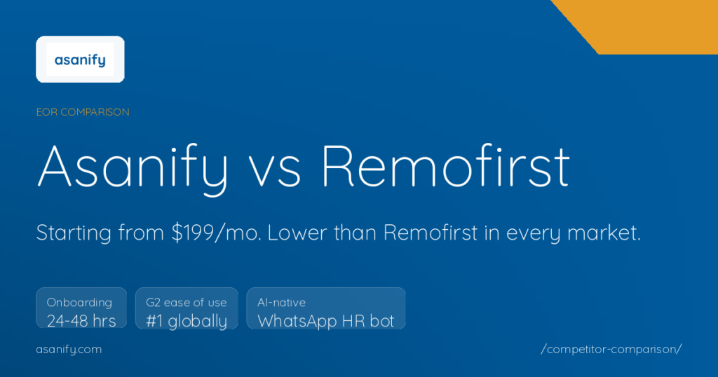 Asanify vs Remofirst comparison: starting from $199/mo, lower than Remofirst in our core corridors
