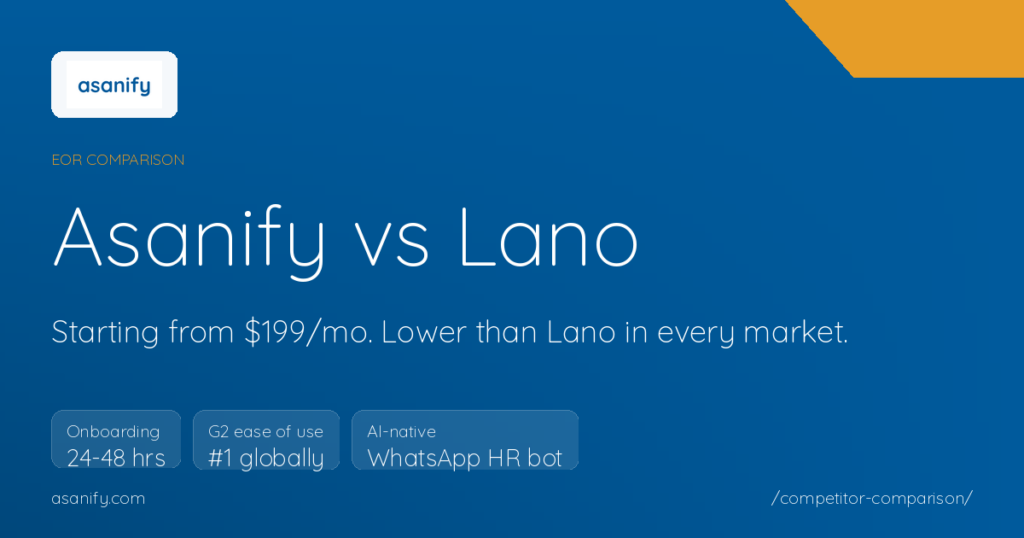Asanify vs Lano comparison: starting from $199/mo, lower than Lano in our core corridors