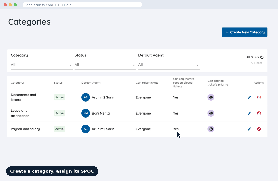 HR ticketing system setup in Asanify: an admin creates a ticket category with a default agent (SPOC) and rules