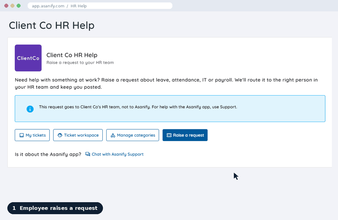 Asanify HR helpdesk software: an employee raises a request, it lands with its agent, replies stay in one thread and an email confirms it is resolved
