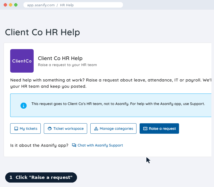 Employee helpdesk in Asanify: an employee raises an HR request, fills in the details and gets an email update