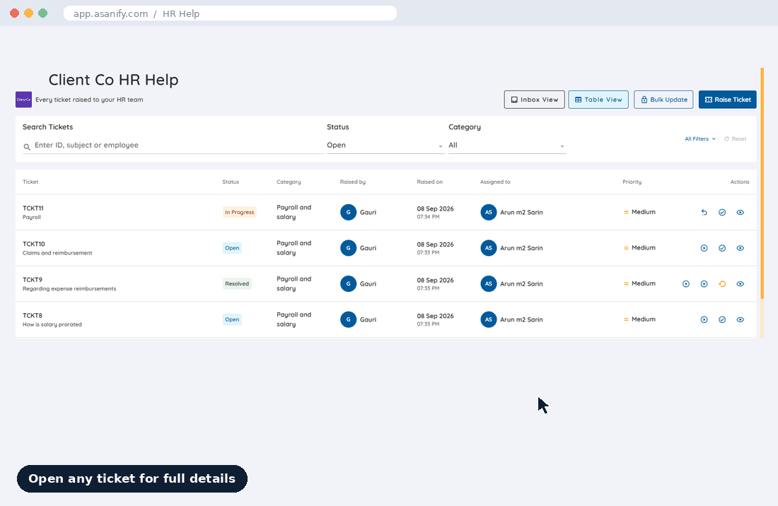 HR service desk ticket workspace in Asanify showing a ticket's category, owner, priority, linked records and history
