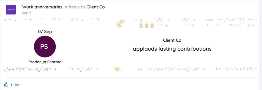 Work anniversary post in Asanify Moments