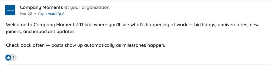 Company announcement post in Asanify Moments