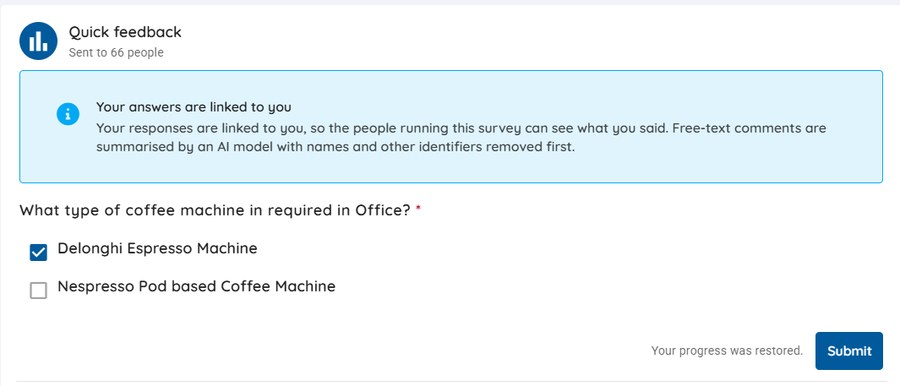 Quick feedback survey card in Asanify Moments